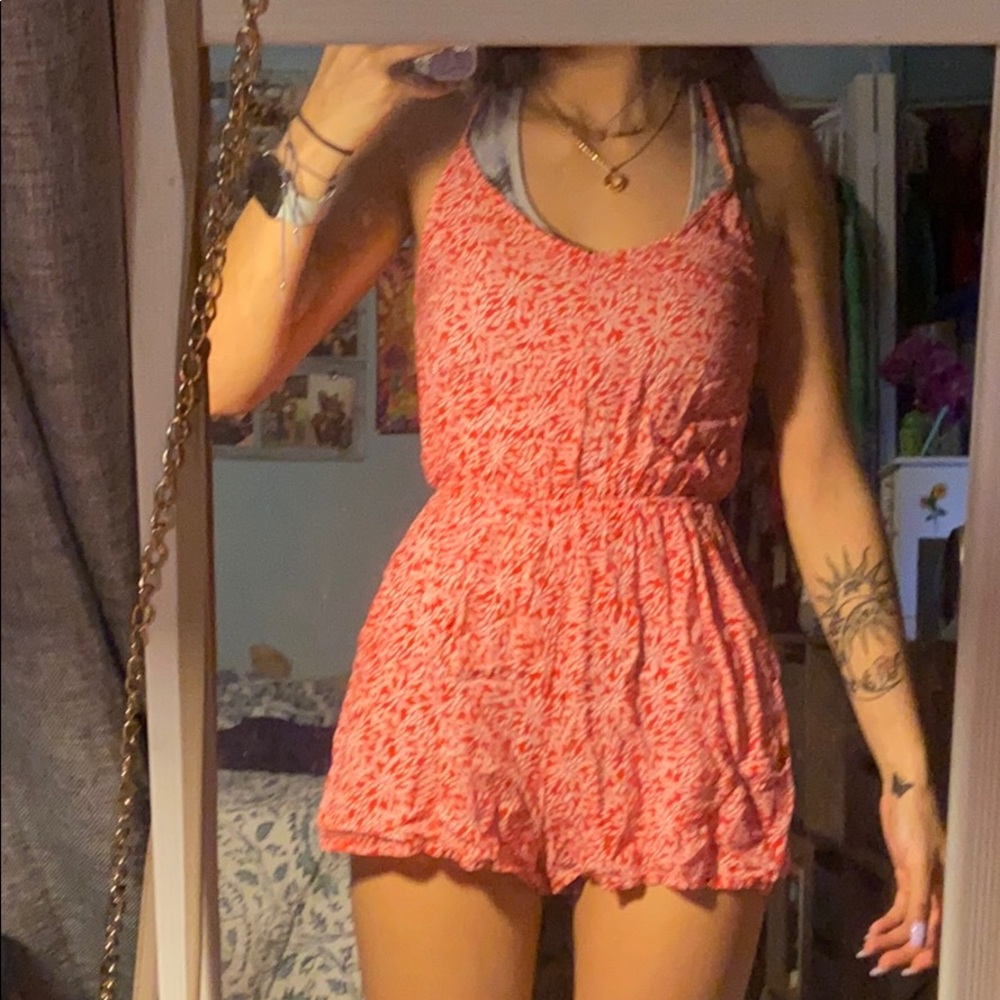 Red & White Floral Print Romper